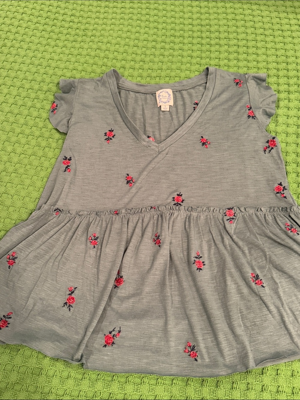 Blue Rain Heather Gray V-Neck Peplum Top with Pink Rose Embroidery